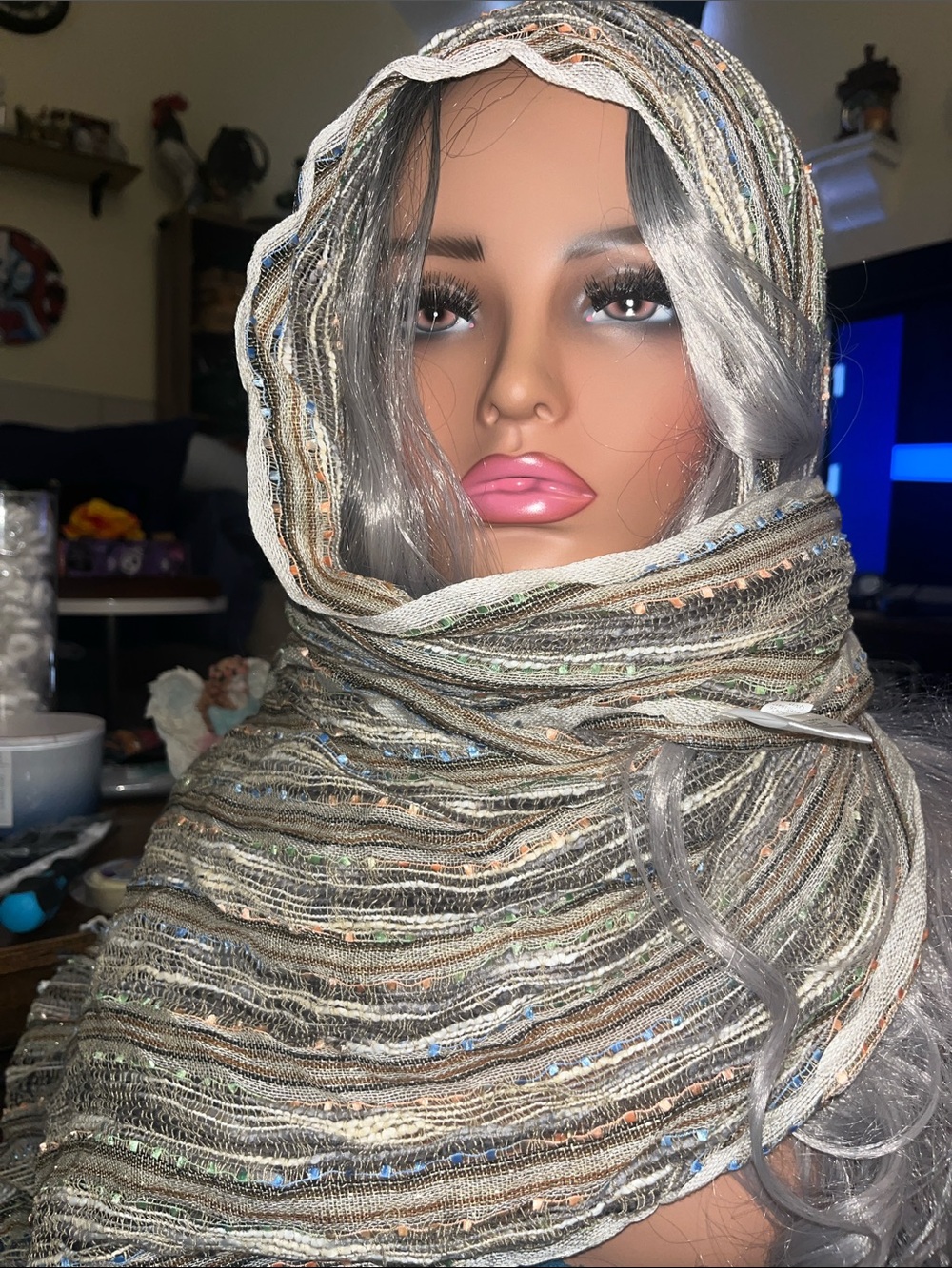 Target Multicolor Metallic Thread Scarf Wrap in Gray, Cream, Blue and TanS30